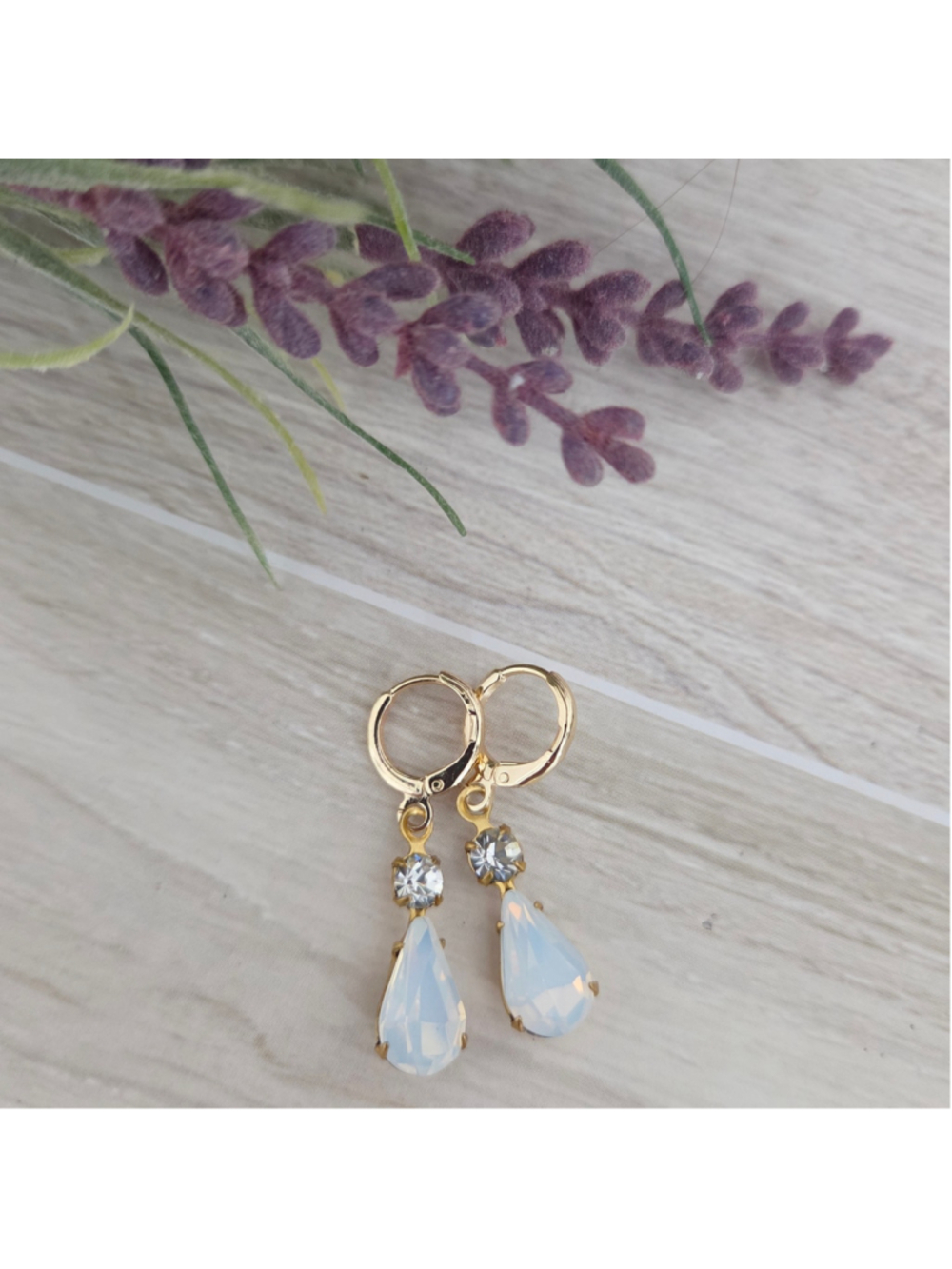 18k Milky White Opal & Crystal Teardrop Earrings